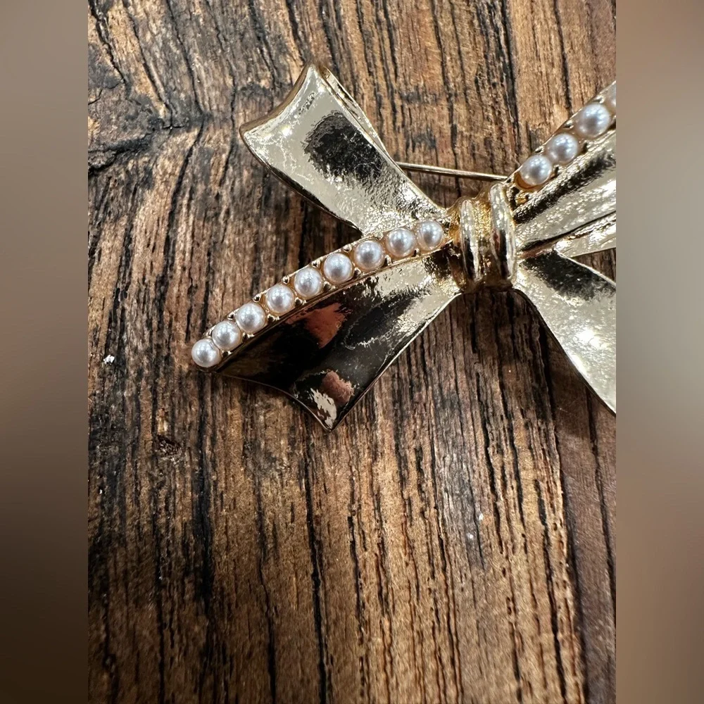 Gold Bow Brooch with Pearl Accents